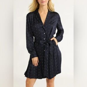 Free Assembly Women's Pleated Mini Shirtdress Long Sleeves, Navy Polka Small